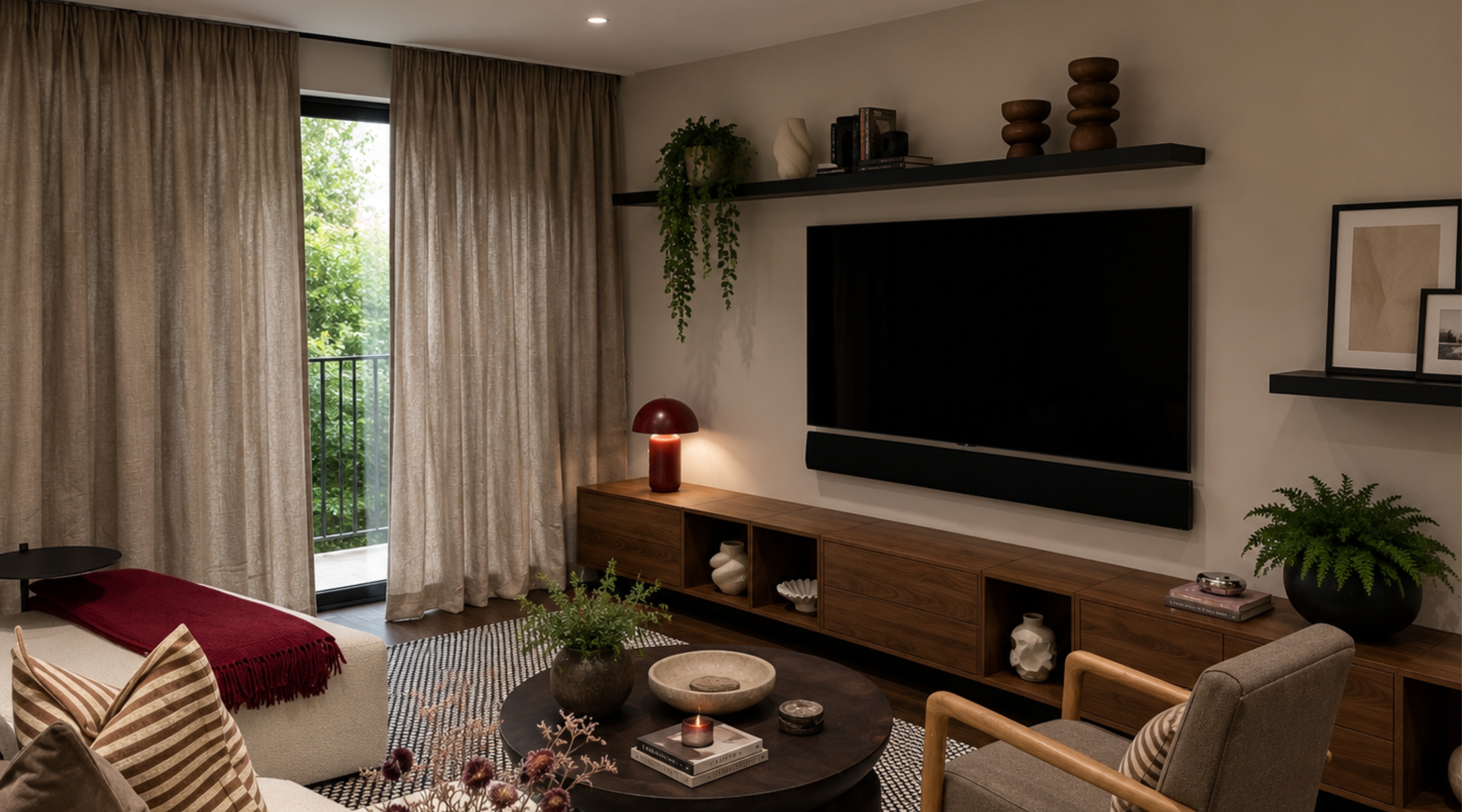 Rendered living room with media wall, wood storage, shelves, curtains and layered seating.