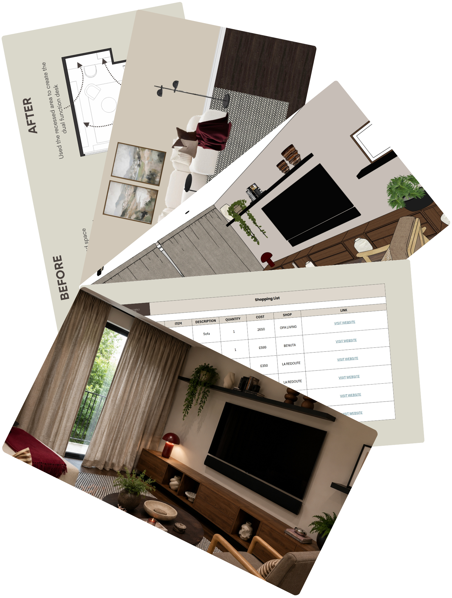 Overlapping full room design boards showing floor plans, 3D room visuals and a shopping list