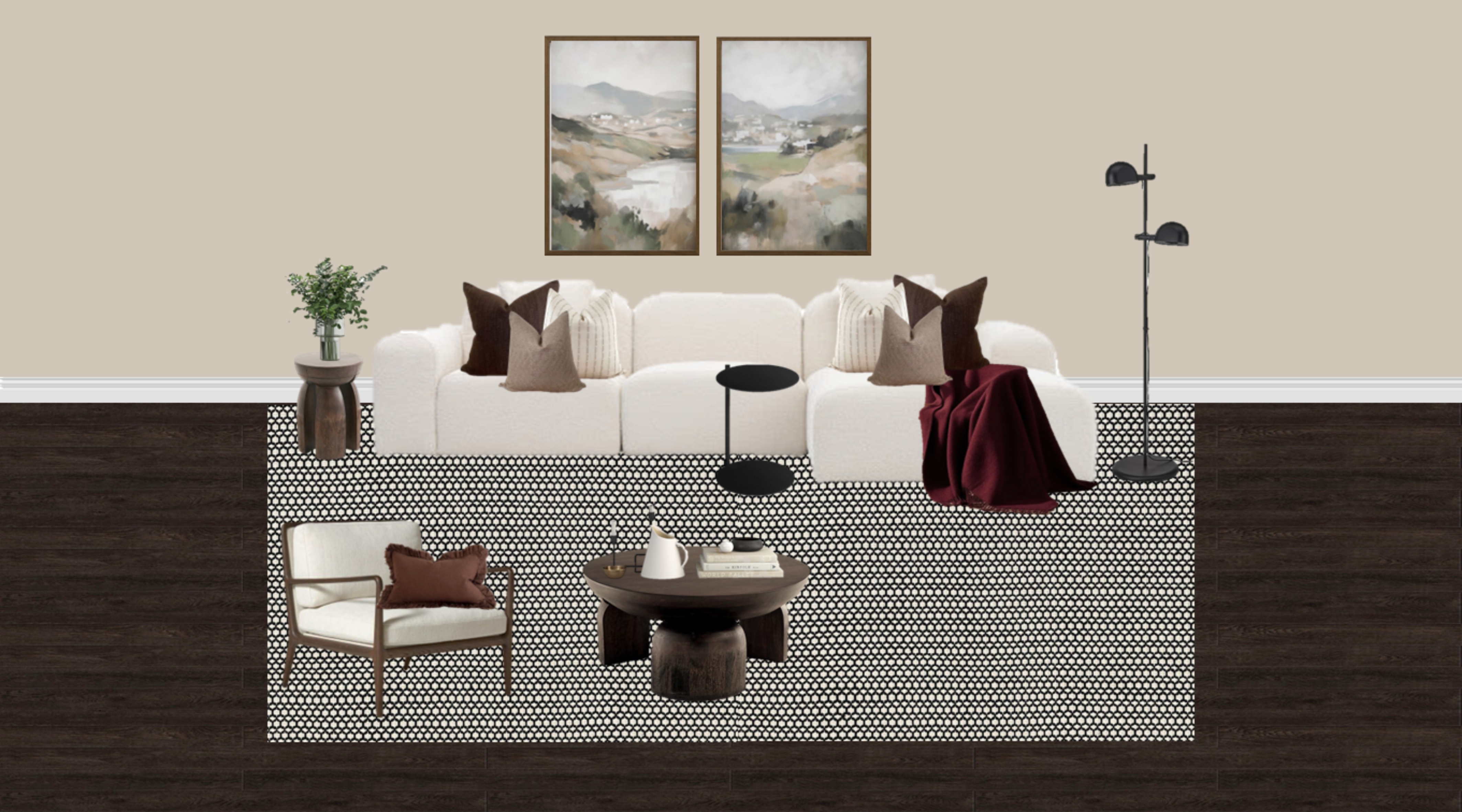 Living room mood board with sofa, armchair, rug, side tables, floor lamp and framed artwork.