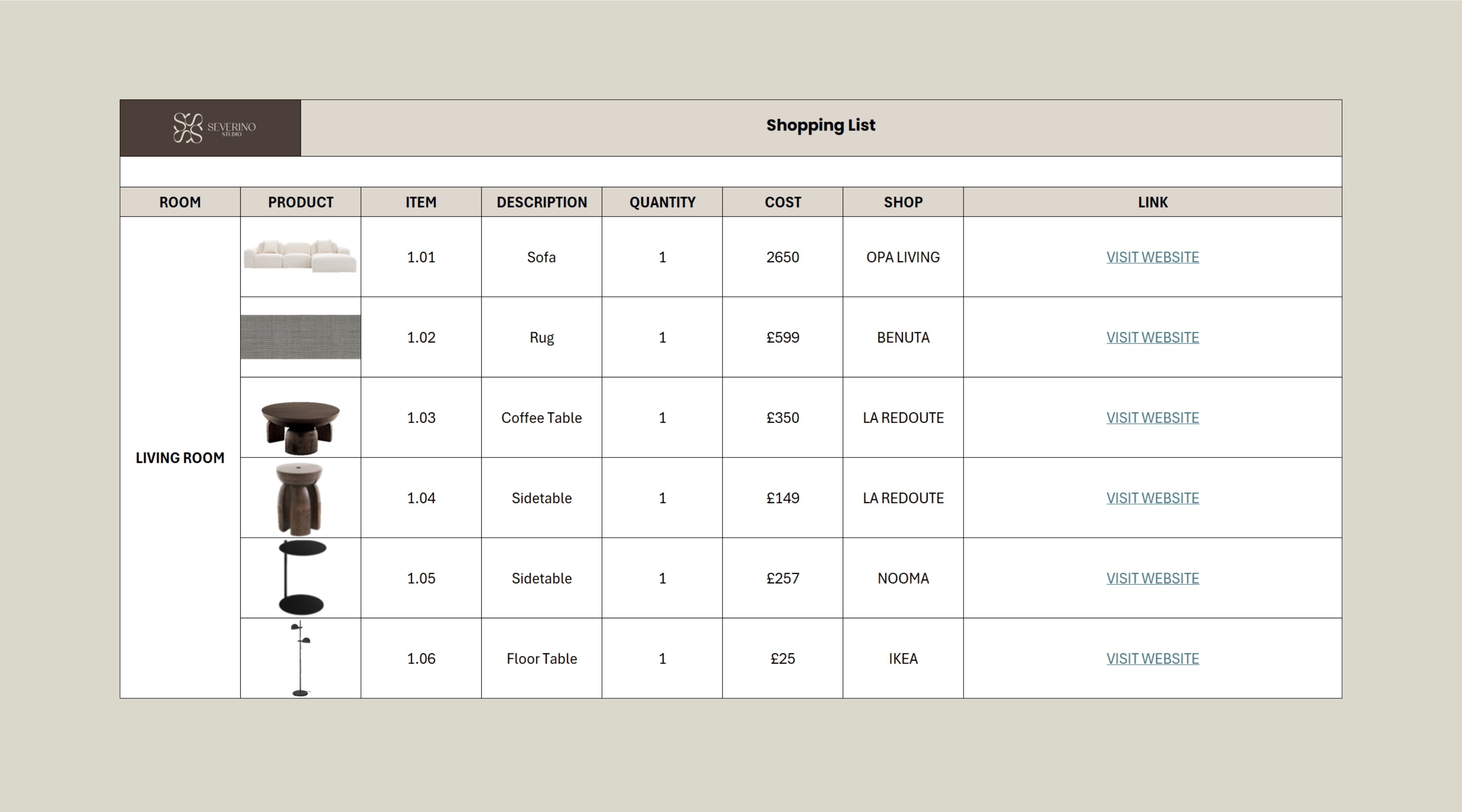 Shopping list table with living room furniture, costs, suppliers and product links.