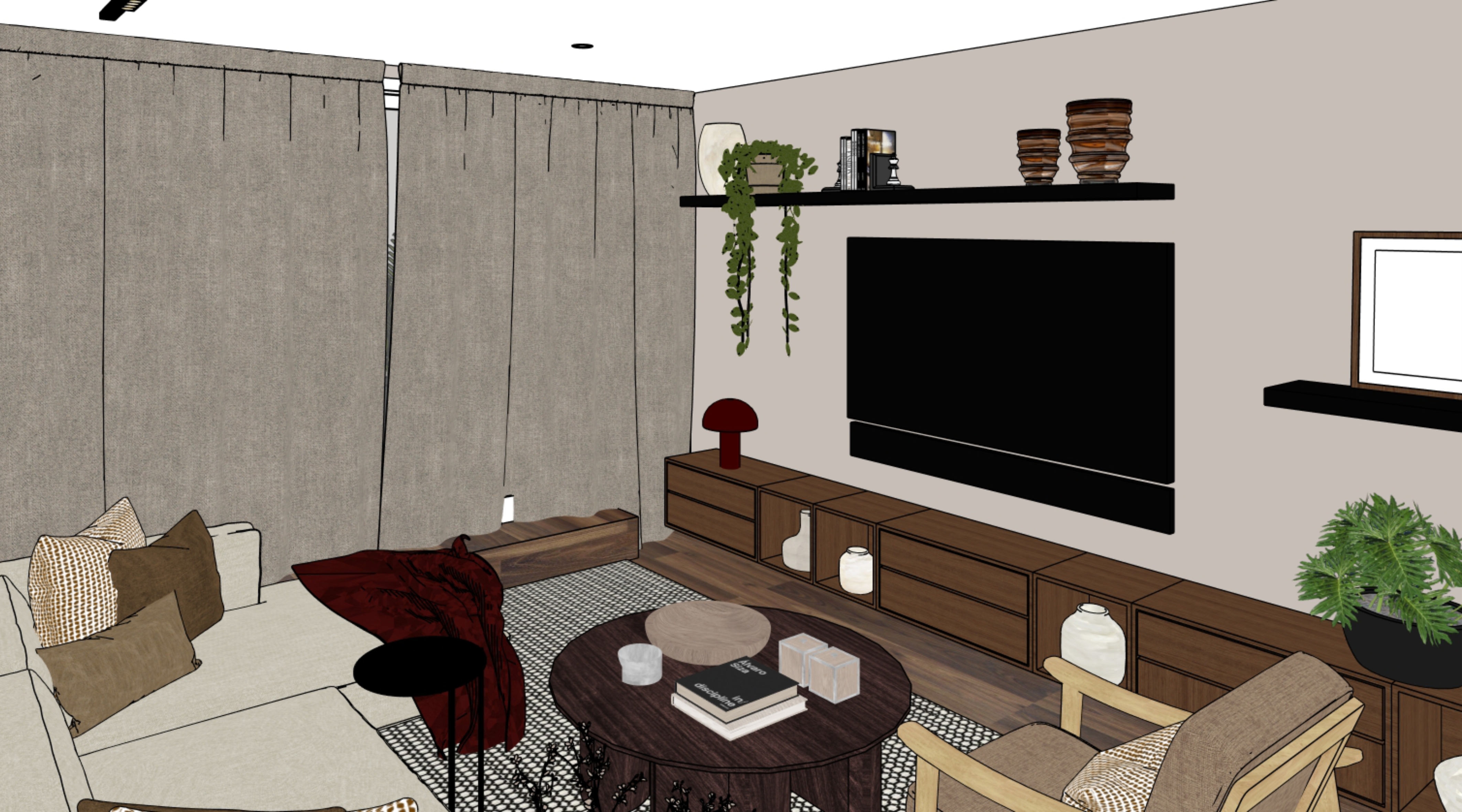 3D bathroom sketch showing a shower bath, vanity, black fittings and marble wall tiles.